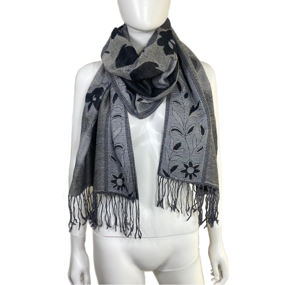 Collectioneighteen Charcoal Baroque Floral Design Pashmina Scarf